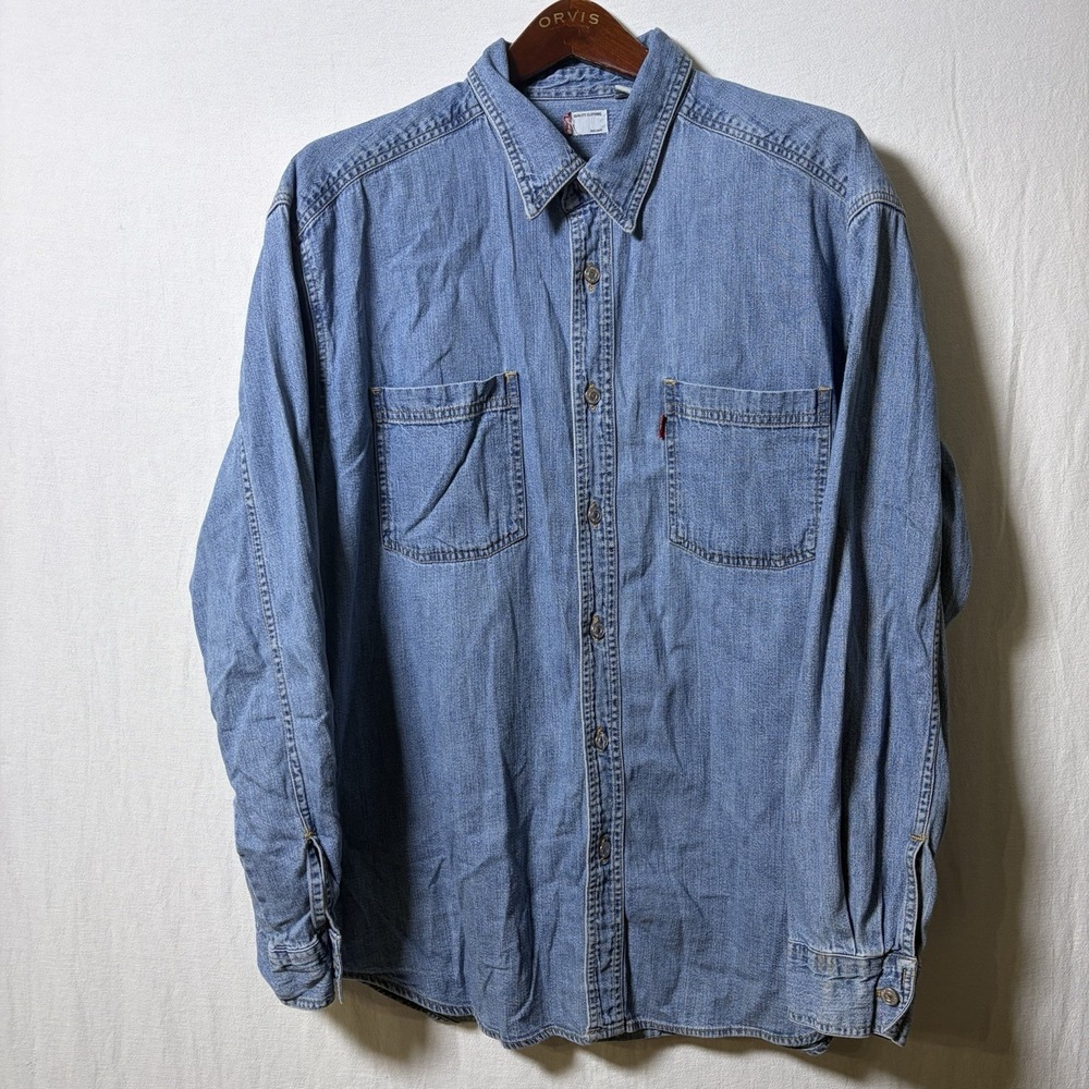 Levis Mens LargeDenim Button Down Shirt Light Wash Blue Cotton Long Sleeve 60540